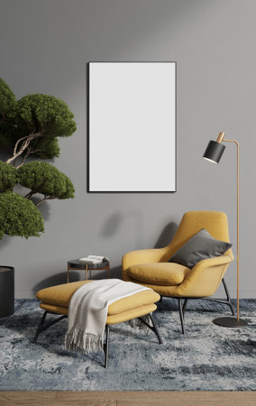 Interior of modern living room with gray walls, concrete floor, yellow armchair standing near round coffee table with yellow armchairs and vertical mock up poster frame. 3d renderingの写真素材