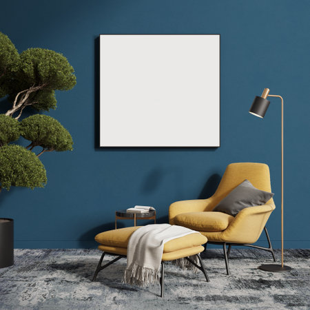 Interior of modern living room with blue walls, concrete floor, yellow armchair standing near coffee table and vertical mock up poster frame. 3d renderingの写真素材