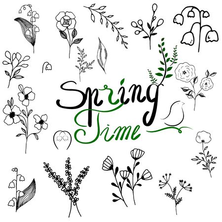 Spring set of doodles flowers and leaves, springtime vector illustrationのイラスト素材