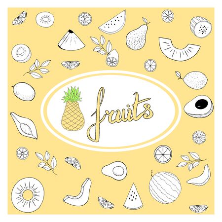set of tropical fruits, vector doodle with fruits elementsのイラスト素材