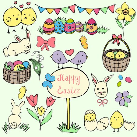 easter doodle collection, happy easter vector set, huge collection of vector spring and easter design elementsのイラスト素材
