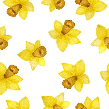 Seamless repeat pattern with yellow daffodil flowers, springtime floral design for fabric, wrapping, scrapbook, wrapping projects, backgrounds, bright surface pattern designの写真素材