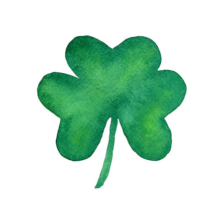 green  shamrock isolated on white background, cute and simple hand painted clover for sticker, icons...