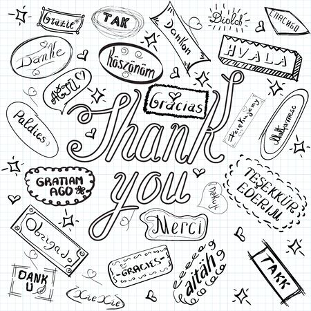 set of thank you words in different languages, vector illustration with hand written thank you wordのイラスト素材