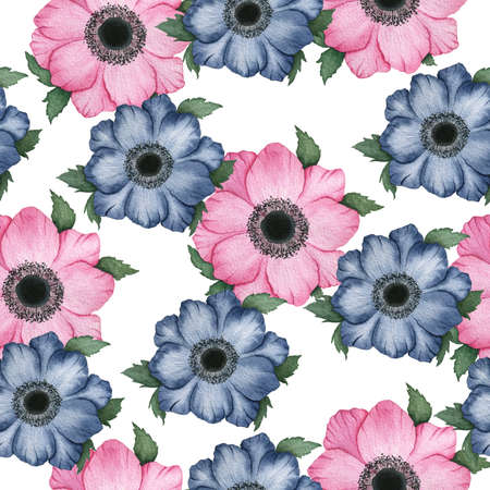 seamless floral pattern with pink and navy blue anemone flowers, female celebration background, retro floral design for wrapping, fabric or wallpaperの写真素材