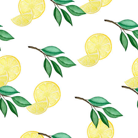 watercolor lemon slice and branches seamless background, tropical lemon fruit decoration for wrapping, menu, fabric, wallpaper or backgrounds, food illustrationの写真素材