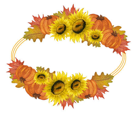autumnal frame design with sunflower, pumpkin and autumn colored leaves, watercolor fall floral decoration for cards, thanksgiving or autumn season greetingsの写真素材