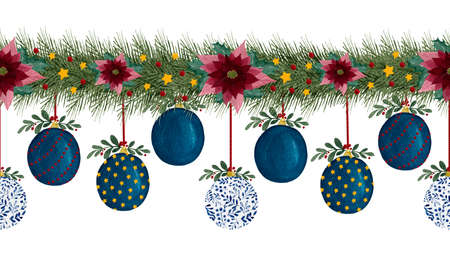Christmas seamless border with fir tree garland, tree ornaments and poinsettia flowers, watercolor Christmas border decoration for fabric, backgrounds, banner or designsの写真素材
