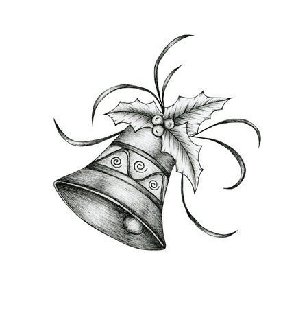 Vintage Christmas bell ink drawing isolated on white, festive hand drawn illustration with Christmas bell decorated with holly and berries, winter season decorationの写真素材