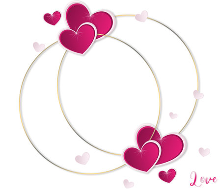 Love Valentine's day background with pink hearts and golden round frame rings, elegant Valentine card template, Valentine's day romance frameの写真素材