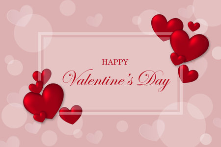Beautiful Valentine's day greeting card with red hearts on pinkの写真素材