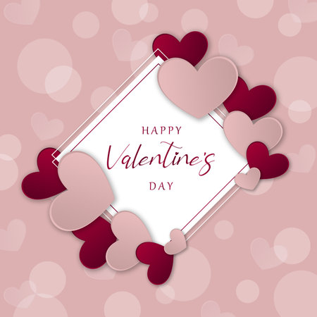 Valentine card with hearts, Valentine's day design with pink and red hearts on pink background with bokeh lights, beautiful Valentine card template for banner, card, promotionsの写真素材