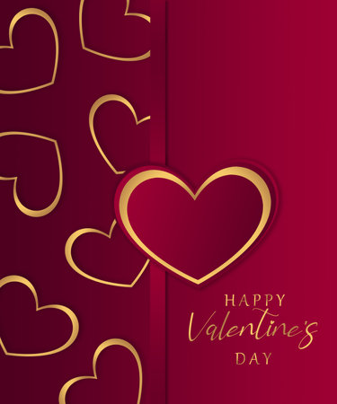 Romantic Valentine's day card with gold hearts on red background, beautiful Valentine greeting background for gift card, poster or promotion, love concept designの写真素材