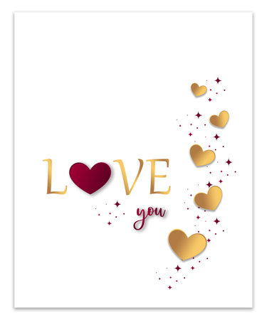 Romantic Valentine card  with gold colored hearts and love you text, love you design with hearts for valentine's day, mother's day or wedding celebrationの写真素材