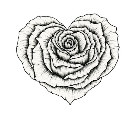 Valentine rose heart line art drawing, floral rose heart ink sketch isolated on white, line art love floral heart rose great for Valentine's day, mother's day or weddingsの写真素材