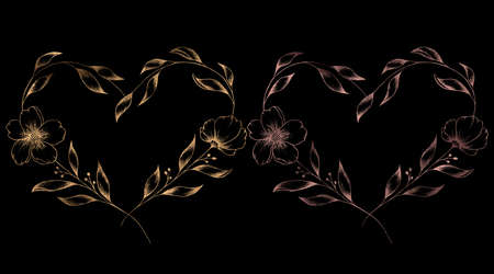 Luxurious hearts on black background, hand drawn botanical line art heart with gold and gold pink foil texture great for wedding and Valentine's day decorationsの写真素材
