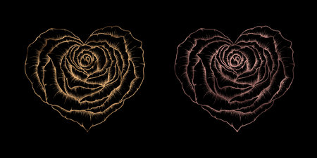 Glamorous rose heart with gold and gold pink foil texture isolated on black, hand drawn blooming heart great for glamorous designs, weddings, Valentine's day, fancy love conceptの写真素材
