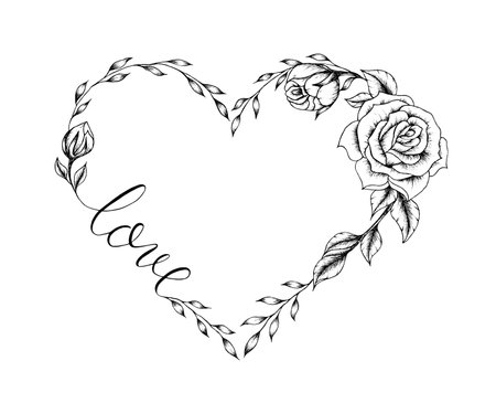 Fine line heart with rose flowers isolated on white, hand drawn line art heart illustration for wedding designs, love concept design with outline botanic heartの写真素材