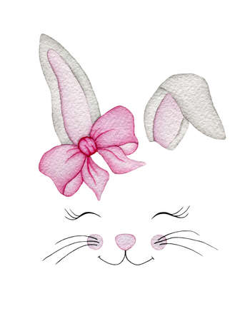 Cartoon smiling rabbit face with pink bow isolated on white, watercolor animal illustration, cute Easter bunny girl face, hand painted Easter decorationの写真素材