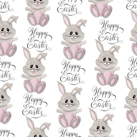 Easter repeat pattern with cute cartoon bunny and hand lettering happy Easter text, watercolor Easter illustration for fabric, wrapping or backgroundsの写真素材