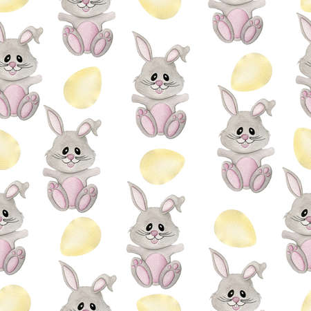 Watercolor seamless pattern with cute cartoon Easter bunnies and yellow Easter eggs, watercolor Easter illustration for fabric, wrapping or backgroundsの写真素材