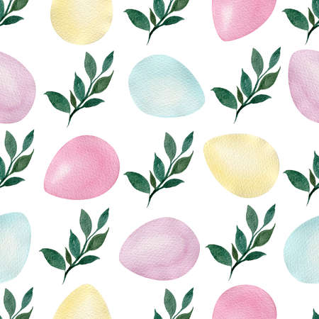Watercolor seamless pattern with multicolored Easter eggs and green leaves branches, Easter template for wallpaper, wrapping paper, scrapbooking, fabrics, textilesの写真素材
