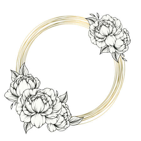 Elegant floral frame template isolated on white, round golden frame with hand drawn black ink peony flowers bouquet, botanical frame design for cards, greetings, weddings or invitesの写真素材
