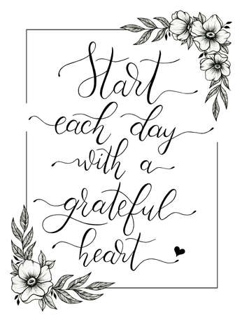 Start each day with a grateful heart, lettering for print or use as poster, card, flyer or T Shirt, gratitude concept illustration, handwritten modern calligraphy motivational quoteの写真素材