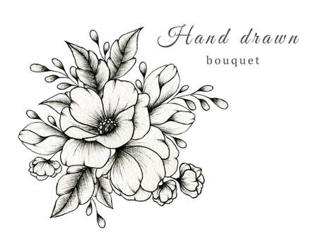 Vintage wedding bouquet isolated on white, springtime blossom composition, hand drawn beautiful botanic illustration and black ink floral sketch for cards, greetings, prints, weddings or invitesの写真素材