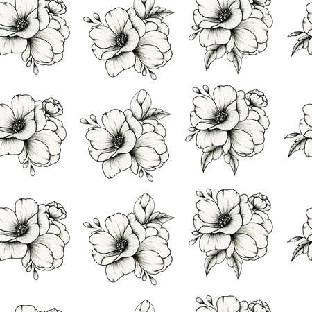 Hand drawn elegant floral bouquet seamless background on white, botanic illustration for wedding stationary, greetings, wallpapers, fashion, wrapping paper, fashion, textileの写真素材
