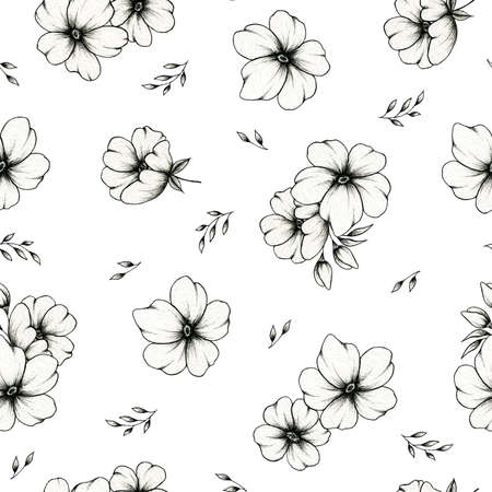 Seamless floral pattern design on white, black line drawing flowers, leaves and bouquet, graphic floral sketch illustration for wedding stationary, greetings, textile, fashion, wrapping paperの写真素材