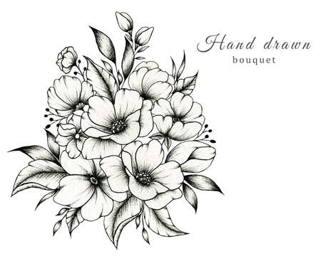 Hand drawn floral bouquet with various big and small flowers and leaves isolated on white background, ink drawing monochrome elegant flower composition in vintage styleの写真素材