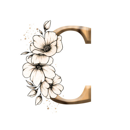 Graphic floral alphabet, gold letter C with vintage flowers bouquet composition, unique monogram initial perfect for wedding invitations, greeting card,  poster and other designsの写真素材