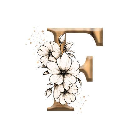 Graphic floral alphabet, gold letter F with vintage flowers bouquet composition, unique monogram initial perfect for wedding invitations, greeting card,  poster and other designsの写真素材