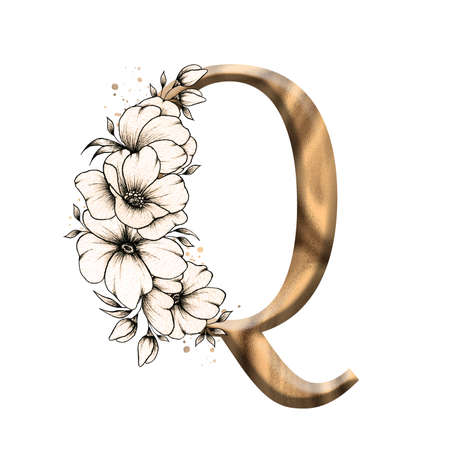 Graphic floral alphabet, gold letter Q with vintage flowers bouquet composition, unique monogram initial perfect for wedding invitations, greeting card,  poster and other designsの写真素材