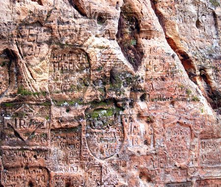 Signs on the wall at Gutmana cave in Sigulda, Latviaの写真素材