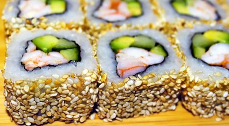 Sushi with a salmon and avocado closeupの写真素材