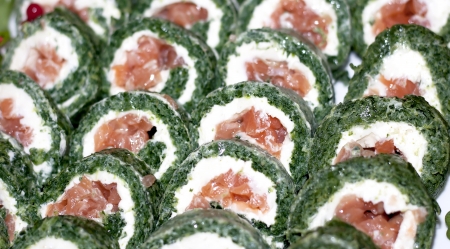 Japanese rolls with a salmon with soft cheese and spinachの写真素材