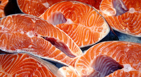 Salmon fish sliced at the fish market close-up