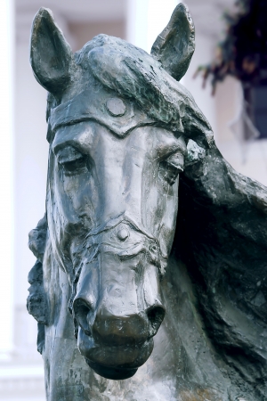 Bronze horse head sculpture in Independence Square, Kiev, Ukraineの写真素材