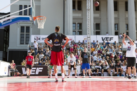 Within the framework The Riga City Festival basketball match in the old city of center 17 08 2013 Riga Latvijaのeditorial素材