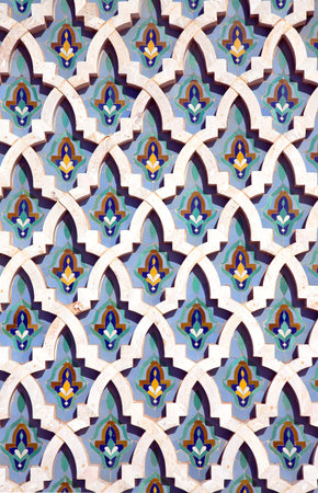 Tradition arabic mosaic of handwork on the wall of Hassan II Mosque in Casablanca, Morocco  It is...