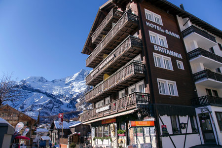SWITZERLAND, SAAS-FEE, DECEMBER, 26, 2015 - Modern hotel Britannia in the charming Swiss resort of Saas-Fee, Switzerlandのeditorial素材