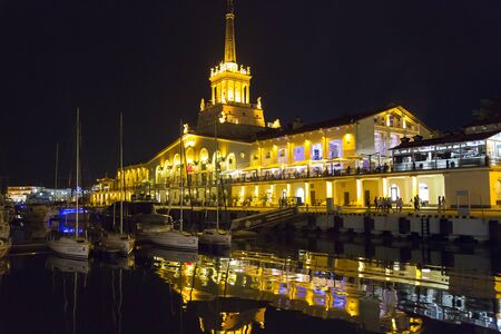 Russia, Sochi, May 25, 2018: Sochi Marine Station illuminated with lights.のeditorial素材