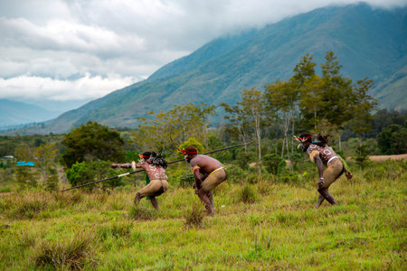 INDONESIA, PAPUA NEW GUINEA, WAMENA, IRIAN JAYA, AUGUST 20, 2018: Aborigines of local tribes show hunting movements on the Baliem Valley festival in Wamena, Papua New Guinea.のeditorial素材