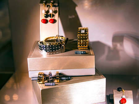 SPAIN, SAN SEBASTIAN, DONOSTIA, MAY, 12, 2017 - Different gold jewelry collection in the jewelry departmentのeditorial素材