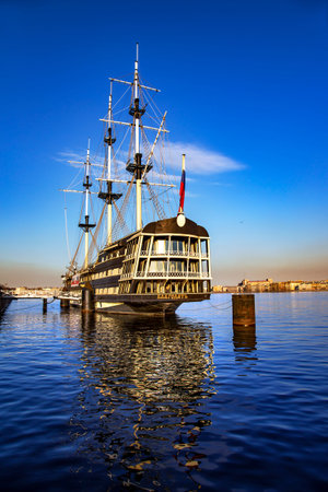 RUSSIA, SAINT PETERSBURG, APRIL, 2016 - A view of the Neva river and the floating restaurant Blagodat at the Petrovskaya Embankment, Saint Peterburg. N The ship is a modern replica of a three-deck frigate of the XVIII century.のeditorial素材