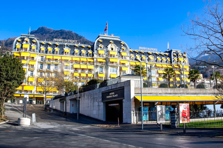 SWITZERLAND, MONTREUX, DECENBER, 2015 - The Montreux Palace Hotel is located on the shores of Lake Geneva in Switzerland. Built in 1906 it is fashioned in the Belle - Epoque style.のeditorial素材