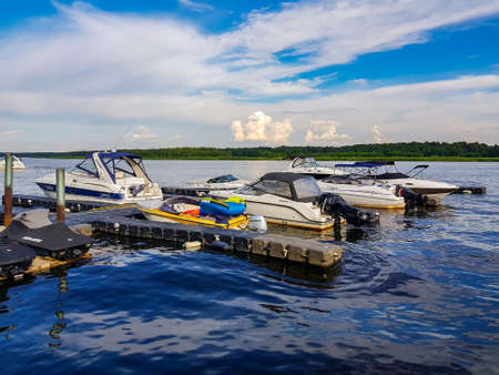 LATVIA, JURMALA, JULY, 2020 - Small marina on the Lielupe river in Jurmala, Latviaのeditorial素材