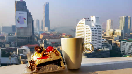 THAILAND, BANGKOK, JANUARY, 2020 - Breakfast on the balcony of the Lebua hotel overlooking Bangkok and the Chao Phraya riverのeditorial素材